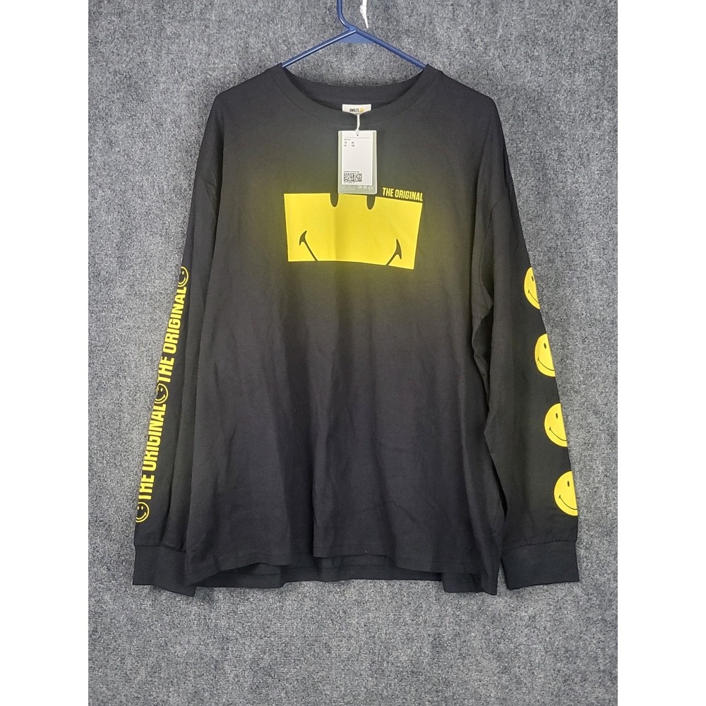 NWT Smiley Originals H&M Long Sleeve Graphic Tee Mens XL Black Yellow Streetwear